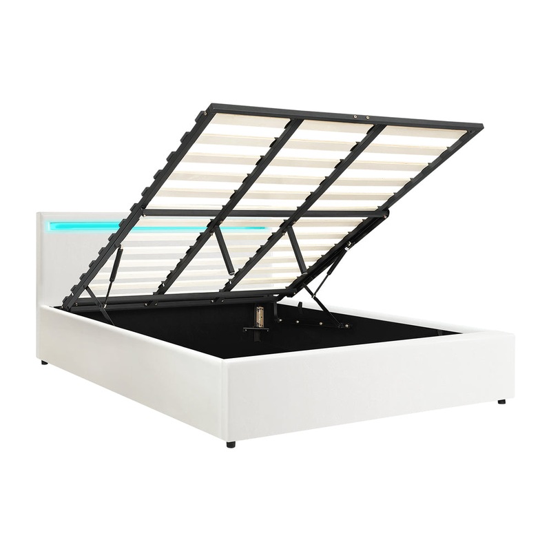 Bed Frame RGB LED King Size Gas Lift Storage Base White - Classic ...